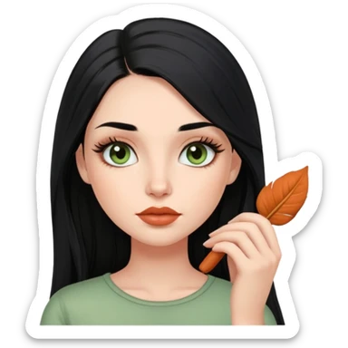 european girl with long black hair, long eyelashes, terracotta lips, light green top sticker
