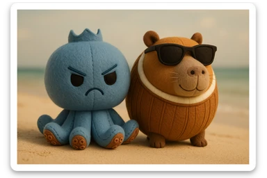 Combine the blue angry octopus plush and the capybara in a coconut shell with sunglasses together in one scene, side by side as if they are friends on an adventure, keeping their original plush portrait style. sticker