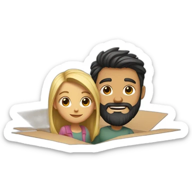 Dark hair girl and blond bearded guy in moving box sticker