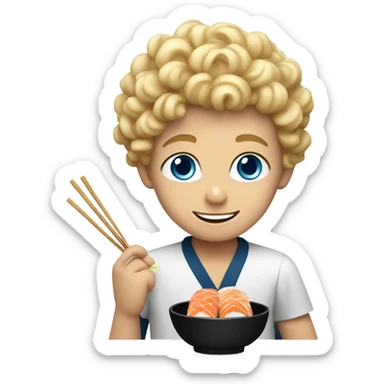 blond boy with curly hair and blue eyes eating sushi sticker