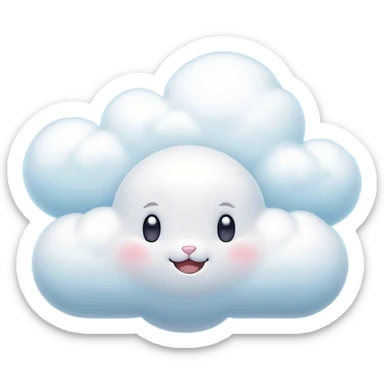 Cinematic tiny puffy bunny-shaped cloud, floating gently in the sky, soft glowing light, tiny rounded ears, smiling face, dreamy and magical. sticker