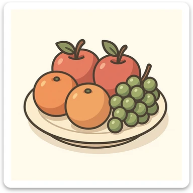 a plate with assorted fruits including apples oranges and grapes in 2D isometric illustration style sticker