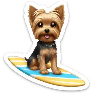 A Yorkie dog riding a surf board holding a dog bone sticker