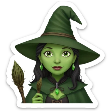 elphaba the wicked witch from wicked movie (cynthia erivo) dark long textured hair, thick lips, green skins, witch hat, witch broom sticker
