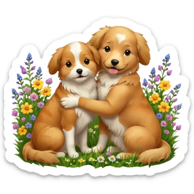 Dog and cat hugging in field of flowers sticker