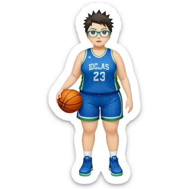 full body white plus size women basketball player with short spiky dark hair with added blond highlights wearing blue glasses wearing blue and green uniform sticker