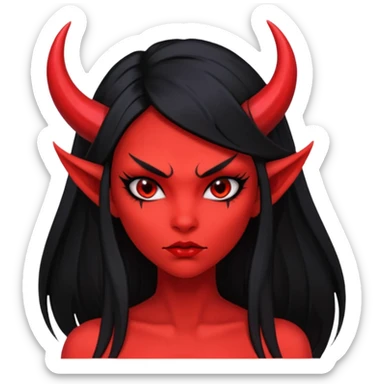 Head only demon girl, strong pronounced cheekbones, sharp angular jawline, skin fully pure red everywhere, long straight sleek black hair, small ho sticker