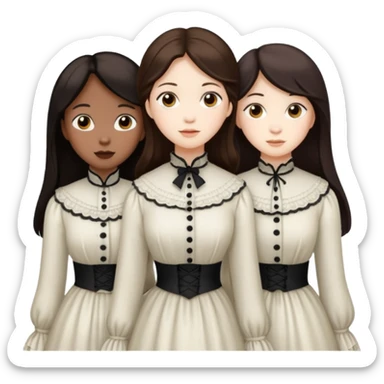 Three Victorian ghost best friends with dark brown hair  one Asian one Caucasian  one African American all beautiful  sticker
