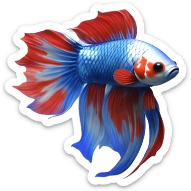 “A Koi Betta with a marbled pattern of red, white, and metallic blue. Its long, flowing fins mirror the vibrant body, with a shimmering blue iridescence sticker