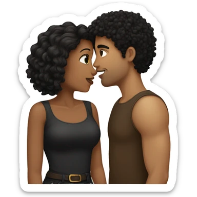 Girl with curly black hair wearing a brown shirt kissing a light skin man with black hair wearing a black shirt sticker