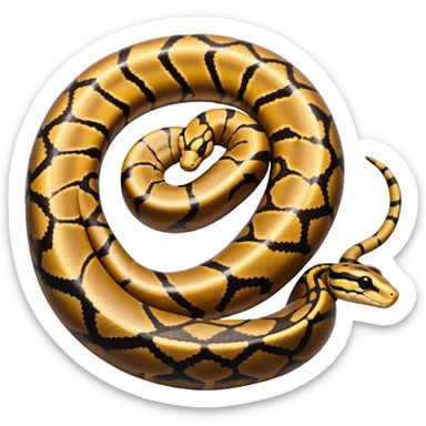 A photo-realistic top-down view of a Ball Python gently coiled into a tight spiral, with its head resting peacefully at the center. The pattern flows smoothly around the curves of its body, emphasizing its natural camouflage and calm demeanor. sticker