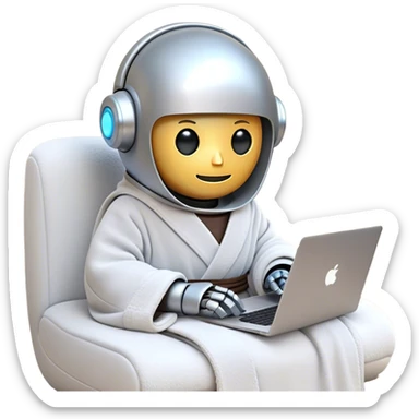 An emoji of a remote-working robot, sitting comfortably with coffee and laptop wrapped in a cozy bathrobe. The robot's head resembles a sleek, futuristic helmet with a smooth, reflective surface. Its eyes are not human-like but rather glowing digital slits or circular LED indicators. sticker