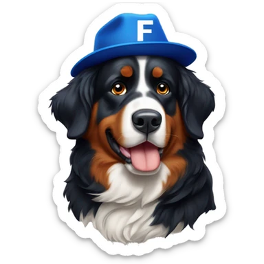 Bernese mountain dog wearing a blue and orange hat that has the letter "F" on it sticker