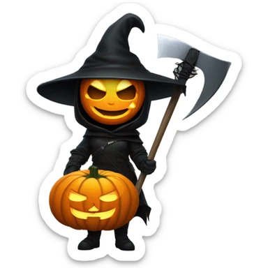 Human female pumpkin hunter with a scythe, glowing pumpkin eyes inside a black helmet, Halloween theme, emoji" sticker