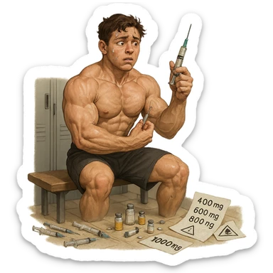 young inexperienced bodybuilder in a locker room about to inject an excessive dose of anabolic steroids, scattered syringes and vials, confused and agitated expression, sweat on forehead, sheets with wrong dosages and danger symbols, tense atmosphere, realistic details, isolated on white background sticker