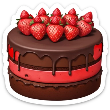 chocolate cake with strawberries on top and a visible cross-section sticker
