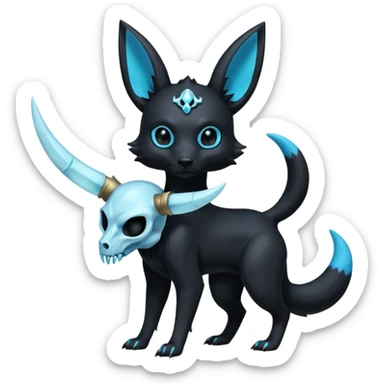 Shiny Dark Edgy  Umbreon-Inteleon-Amaura-Fakémon-hybrid-creature (full body) with a horned animal-skull-mask sticker
