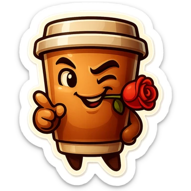 Tall coffee cup, rose in mouth, wiggle eyebrow, smirk, pointing at viewer sticker
