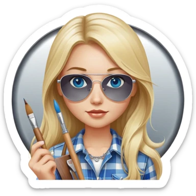 girl with long blond hair, wearing plaid shirt with blue eyes and aviator sunglasses wearing a ring on her silver necklace, holding a wide paintbrush sticker