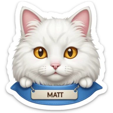 A WHITE CAT with a name tag that says mat sticker