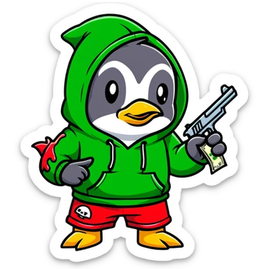 A cute half-dolphin half-penguin thug character with a gun, wearing a blood-splattered green hoodie and Dollar General shorts sticker