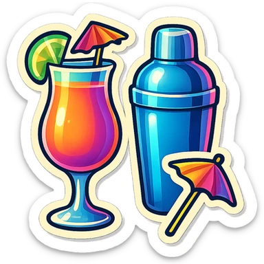 A cocktail set in retro stickers style, including a glass, shaker, and umbrella, with a cohesive vintage design sticker