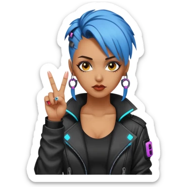 Woman with her tongue out in cyberpunk clothing and giving the middle finger. Looking naughty. sticker