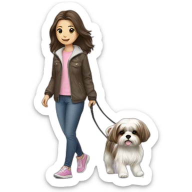 girl walking shih tzu on leash sticker