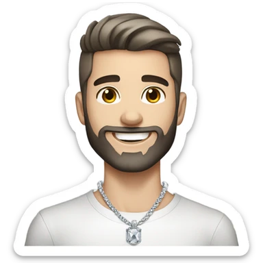 Younger white male with dark brown hair with grey highlights, a beard, and tattoos that is wearing a diamond coated white gold necklace, waving hello sticker