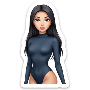 Glamours, tanned, very beautiful girl, with big pump peach-beige-rose lips, long long lashes, black straight smooth silky long hair, straight parting hair, blue-grey eyes in black long-sleeves bodysuit sticker