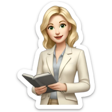 pale skin woman interior designer with cold blonde middle length hair, gray eyes, White classical jacket, beige blouse, Gray skirt holding a color palette in the hands sticker