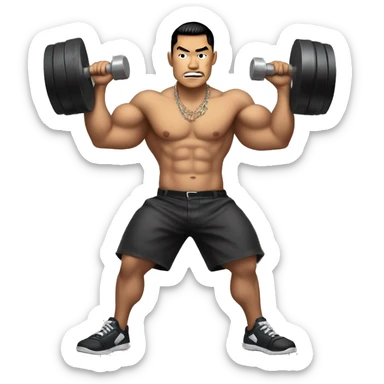 bad boy asian. tattoos. muscles. holding weights.  full body with legs. making the 'rizz' face  sticker