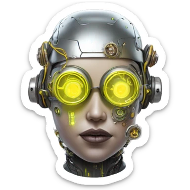 Fat faced Caucasian female cyborg head with Neon yellow bobbed hair, silver steampunk goggles and circuits sticker