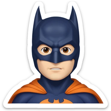 generate a batman emoji with just the face and neck showing and part of the cloak and and wings. Shade the mask in dark navy blue.  Shade the cloak in a solid vibrant orange. Shade the bat logo in a bright  olive green. sticker