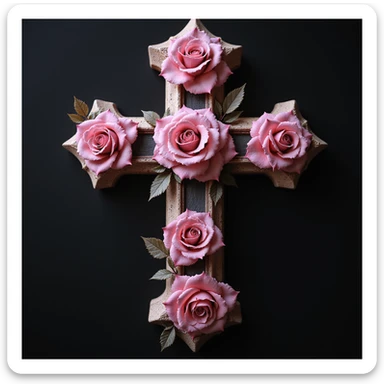 realistic gothic cross, pink with roses, photorealistic style, no background sticker