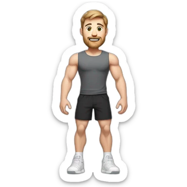 Full height Actively gesturing with hands Pale skinned Fit Man With the biceps and brown hair in dark gray Sleeveless Mike, black oversize sports shorts, watch and white Sneakers sticker