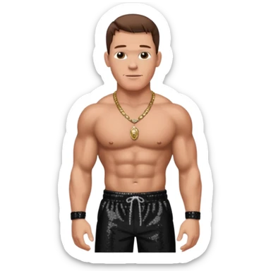 John Cena with black sequin baggy pants, shirtless with necklace, brown hair sticker