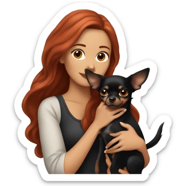 woman with long red hair and brown eyes holding all black Chihuahua  sticker