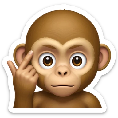 A monkey using one finger to pull his eyelid down to expose more eye sticker