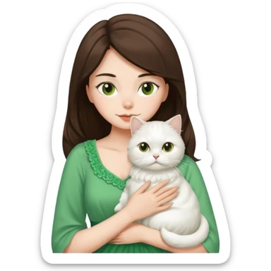 Brunette woman snuggling white Persian cat, wearing a green dress sticker