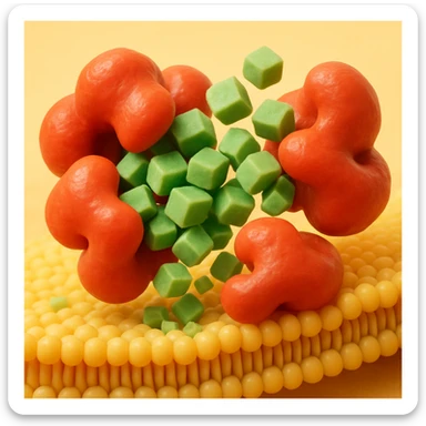 A realistic 3D render and really detailed of enzymes (red) breaking down starch (green) near a cell membrane (yellow). Macro photography style. No labels. sticker