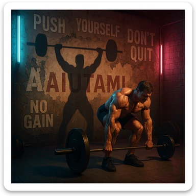 hyperrealistic scene in a neon-lit gym with a muscular bodybuilder struggling to lift empty barbells, his shadow on the wall performing perfect lifts, gym walls covered with peeling motivational quotes revealing the word 'Aiutami' underneath, dramatic, symbolic, emotional realism, detailed lighting sticker