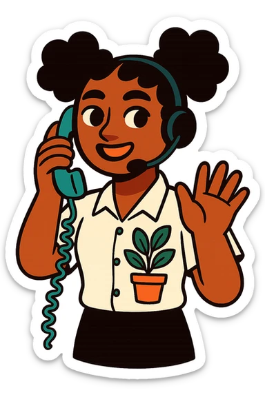 young brown-skinned telemarketing attendant wearing a white uniform blouse with a plant image printed on the uniform, vibrant illustration style, expressive sticker