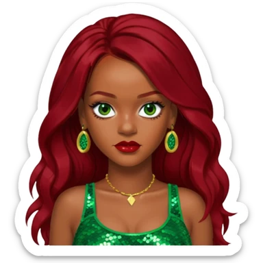 Rihanna with dark red long hair, green sequin crop top, hazel eye sticker