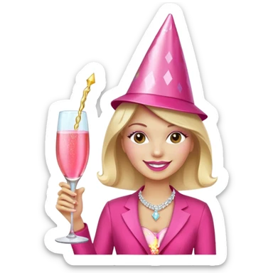 Realistic sparkling diamond glam hot pink champagne bottle with hot pink champagne in glass with strawberry ì> sticker