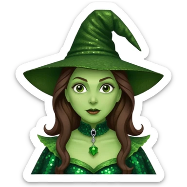 Wicked Witch of the West from the Wizard of Oz with long brown hair, dark green sequin outfit, green skin sticker