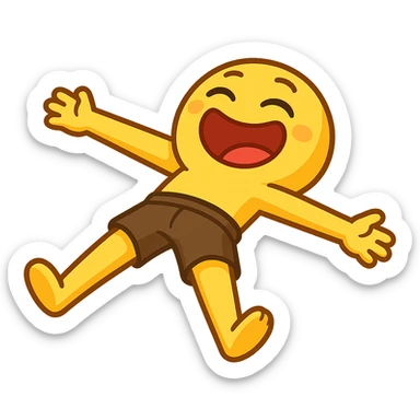 Transform the person lying spread eagle on the ground into a silly, lighthearted cartoon emoji style. Keep the pose exactly the same but use a simple, expressive emoji-like face with bright, playful colors. Remove any bruises or dramatic details to make it feel fun and silly like a playful emoji. sticker
