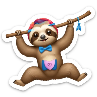 cute swinging Sloth on stick, blue bow tie sticker
