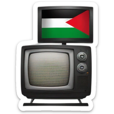 A TV is on the TV a picture with the flag of Palestine sticker