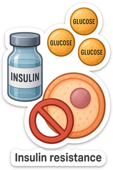 realistic icon of insulin resistance, no background, 2:3 aspect ratio, symbol with insulin, glucose, and a cell showing resistance to entry, clean and clear style sticker